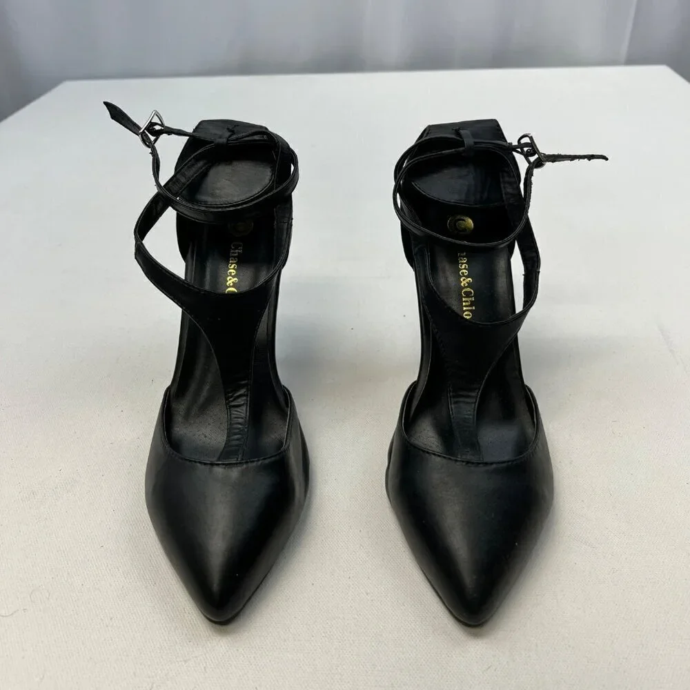 Chase & Chloe Pointed Toe Ankle Strap Stilettos Black Size 9